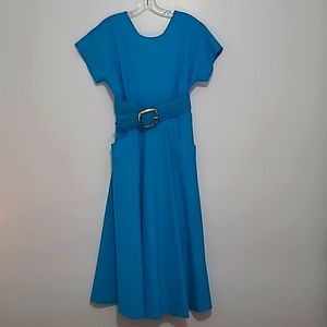 Swing Dress Vintage Turquoise 80's A Line Gold Tone Belt Melissa Brand Sz 6